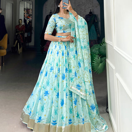 Lorenvalley Pista Tabby Silk Floral Print With Lace Touch Up Lehenga Choli with Dupatta