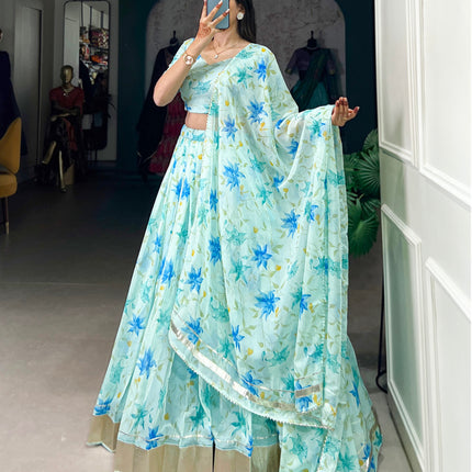 Lorenvalley Pista Tabby Silk Floral Print With Lace Touch Up Lehenga Choli with Dupatta