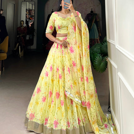 Lorenvalley Yellow Tabby Silk Floral Print With Lace Touch Up Lehenga Choli with Dupatta