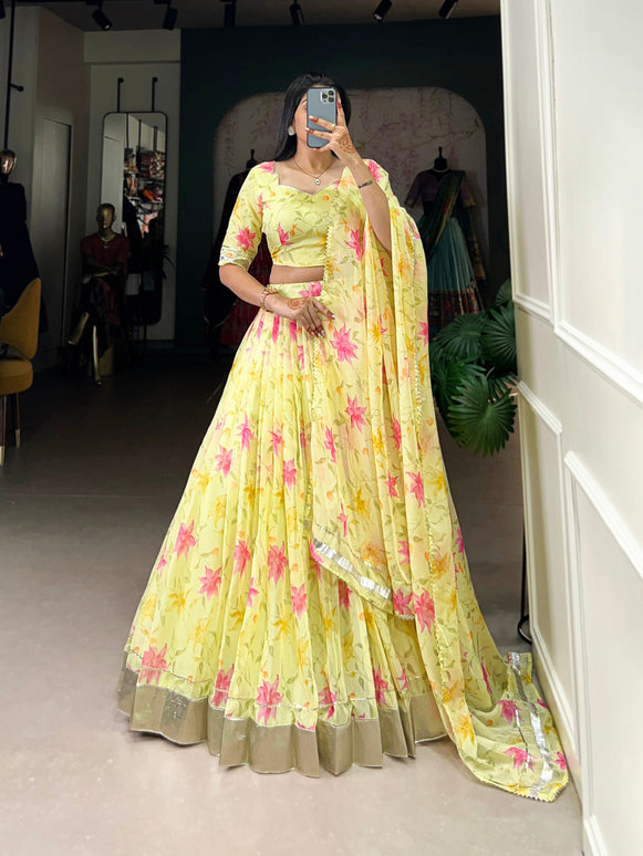 Lorenvalley Yellow Tabby Silk Floral Print With Lace Touch Up Lehenga Choli with Dupatta