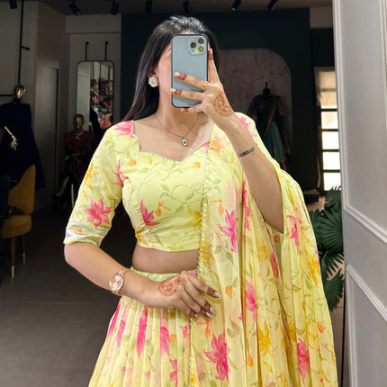 Lorenvalley Yellow Tabby Silk Floral Print With Lace Touch Up Lehenga Choli with Dupatta