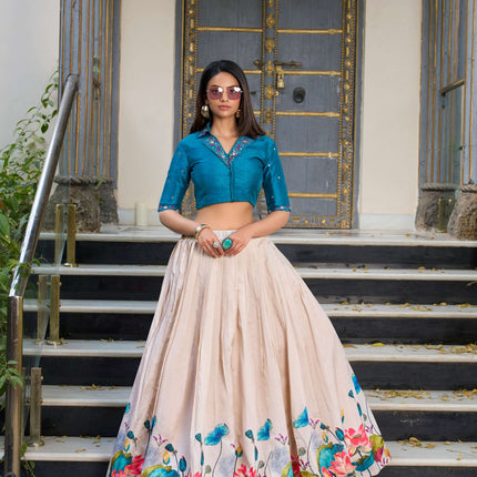 Lorenvalley Fashion Offwhite Tussar Silk Floral Print Lehenga Choli