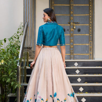 Lorenvalley Fashion Offwhite Tussar Silk Floral Print Lehenga Choli