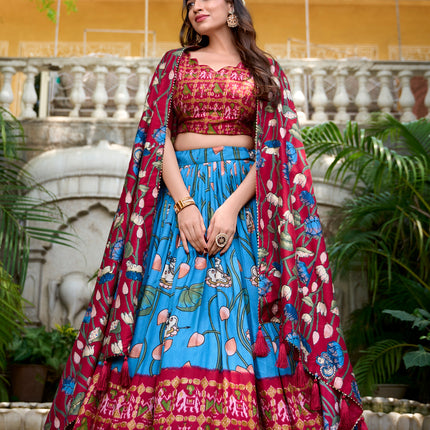 Lorenvalley Firozi Tussar Silk Pichwai With Patola Print And Zari Weaving Border Lehenga Choli with Dupatta
