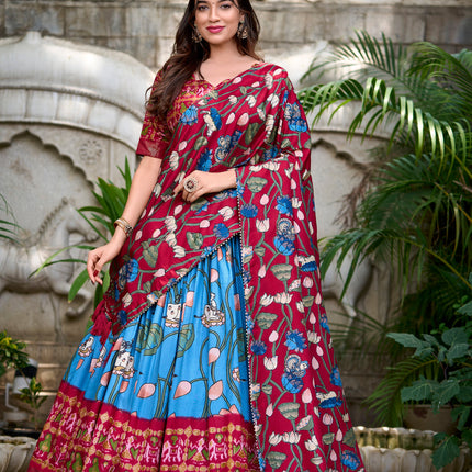 Lorenvalley Firozi Tussar Silk Pichwai With Patola Print And Zari Weaving Border Lehenga Choli with Dupatta