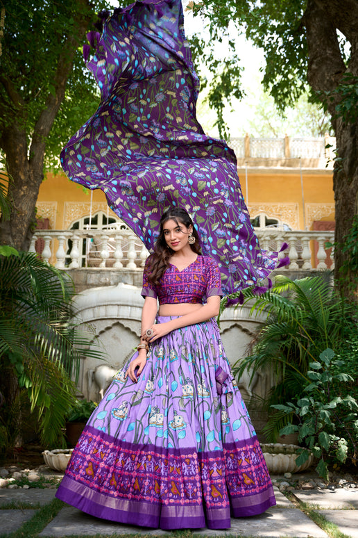 Lorenvalley Lavender Tussar Silk Pichwai With Patola Print And Zari Weaving Border Lehenga Choli with Dupatta