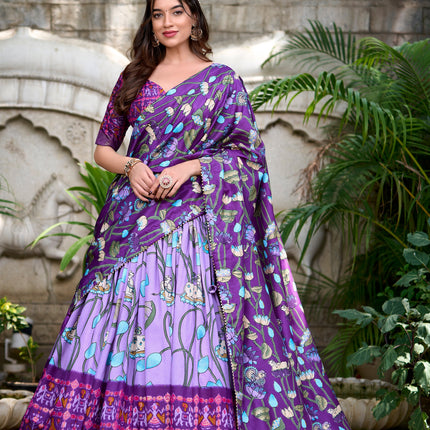 Lorenvalley Lavender Tussar Silk Pichwai With Patola Print And Zari Weaving Border Lehenga Choli with Dupatta