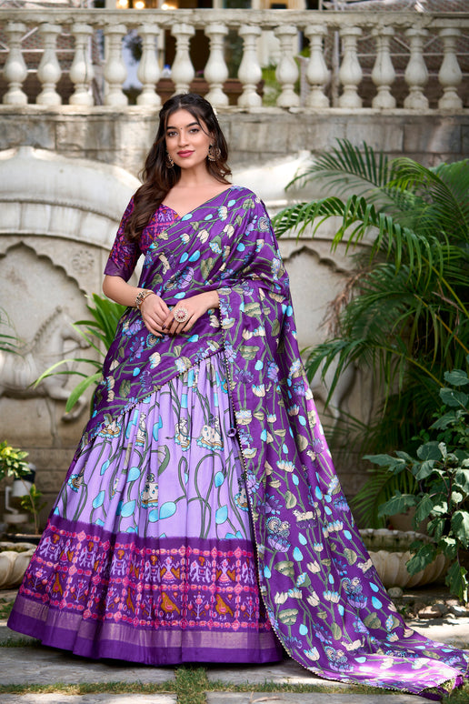 Lorenvalley Lavender Tussar Silk Pichwai With Patola Print And Zari Weaving Border Lehenga Choli with Dupatta
