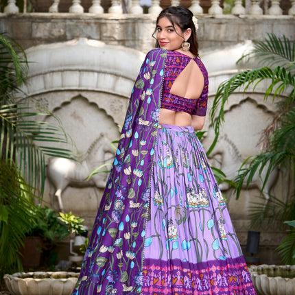 Lorenvalley Lavender Tussar Silk Pichwai With Patola Print And Zari Weaving Border Lehenga Choli with Dupatta