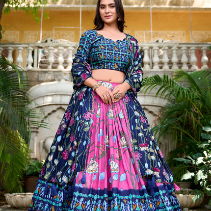 Lorenvalley Pink Tussar Silk Pichwai With Patola Print And Zari Weaving Border Lehenga Choli with Dupatta