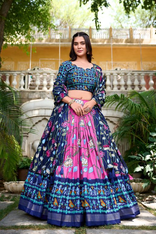 Lorenvalley Pink Tussar Silk Pichwai With Patola Print And Zari Weaving Border Lehenga Choli with Dupatta