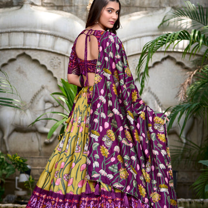 Lorenvalley Yellow Tussar Silk Pichwai With Patola Print And Zari Weaving Border Lehenga Choli with Dupatta