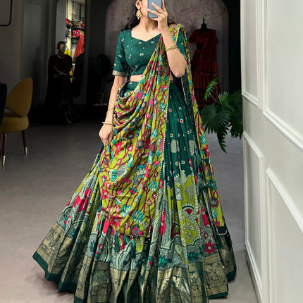 Lorenvalley Green Tussar Silk Kalamkari Print with Foil Work Border Lehenga Choli with Dupatta