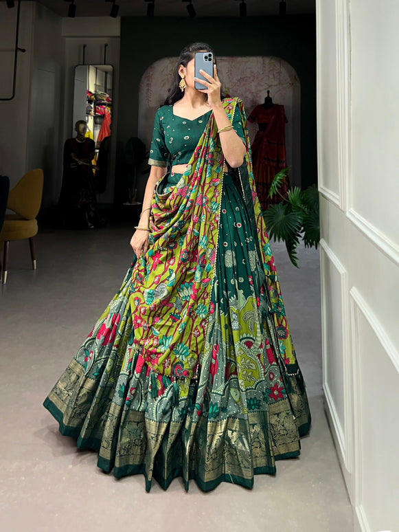 Lorenvalley Green Tussar Silk Kalamkari Print with Foil Work Border Lehenga Choli with Dupatta