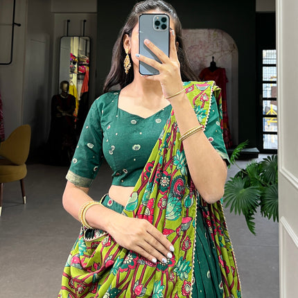 Lorenvalley Green Tussar Silk Kalamkari Print with Foil Work Border Lehenga Choli with Dupatta