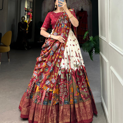 Lorenvalley Off White Tussar Silk Kalamkari Print with Foil Work Border Lehenga Choli with Dupatta