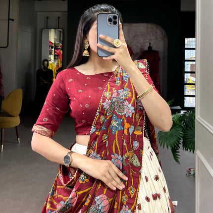 Lorenvalley Off White Tussar Silk Kalamkari Print with Foil Work Border Lehenga Choli with Dupatta