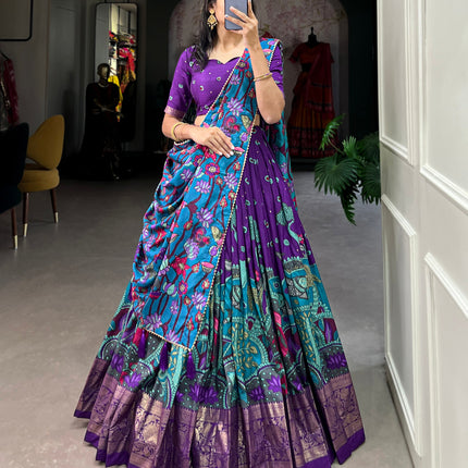 Lorenvalley Purple Tussar Silk Kalamkari Print with Foil Work Border Lehenga Choli with Dupatta
