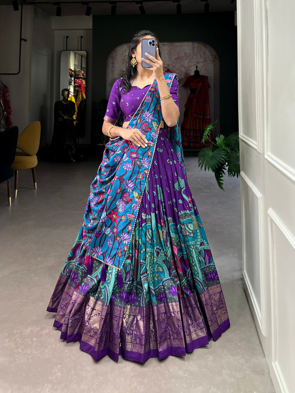 Lorenvalley Purple Tussar Silk Kalamkari Print with Foil Work Border Lehenga Choli with Dupatta