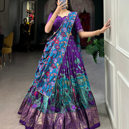 Lorenvalley Purple Tussar Silk Kalamkari Print with Foil Work Border Lehenga Choli with Dupatta