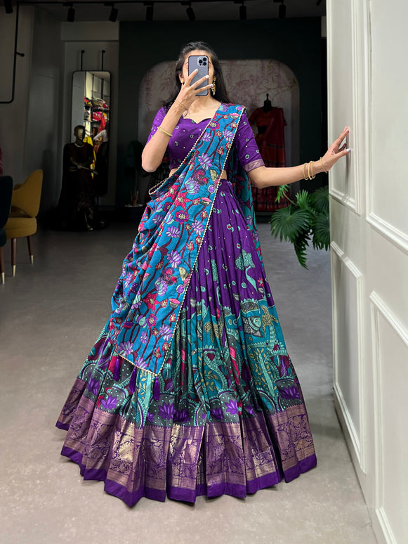 Lorenvalley Purple Tussar Silk Kalamkari Print with Foil Work Border Lehenga Choli with Dupatta