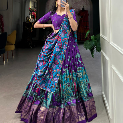 Lorenvalley Purple Tussar Silk Kalamkari Print with Foil Work Border Lehenga Choli with Dupatta