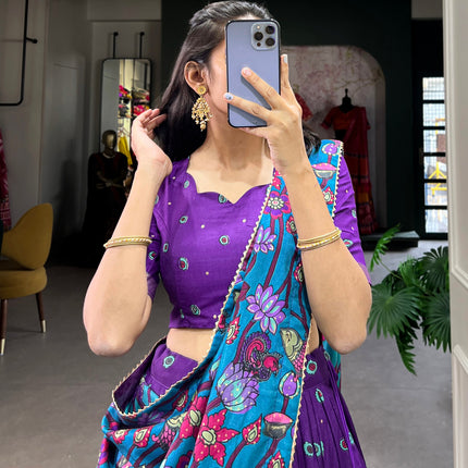 Lorenvalley Purple Tussar Silk Kalamkari Print with Foil Work Border Lehenga Choli with Dupatta