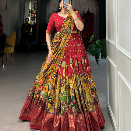 Lorenvalley Red Tussar Silk Kalamkari Print with Foil Work Border Lehenga Choli with Dupatta
