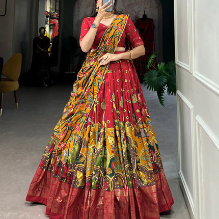 Lorenvalley Red Tussar Silk Kalamkari Print with Foil Work Border Lehenga Choli with Dupatta
