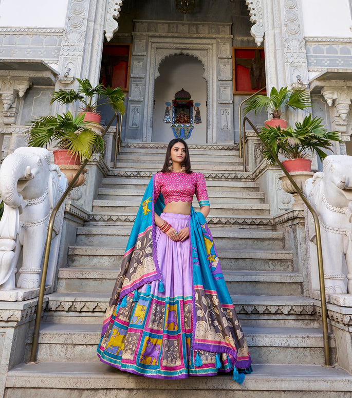 Lorenvalley Lavender Tussar Silk Kalamkari With Foil Work Lehenga Choli with Dupatta