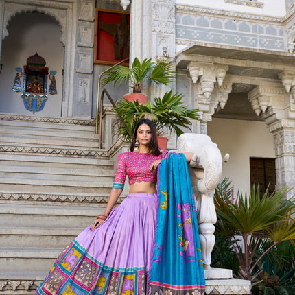 Lorenvalley Lavender Tussar Silk Kalamkari With Foil Work Lehenga Choli with Dupatta