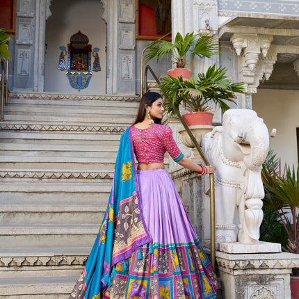 Lorenvalley Lavender Tussar Silk Kalamkari With Foil Work Lehenga Choli with Dupatta