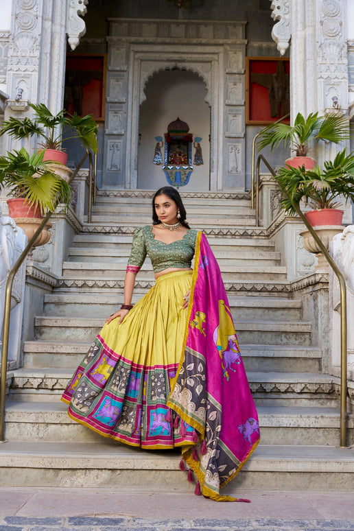Lorenvalley Mustard Tussar Silk Kalamkari With Foil Work Lehenga Choli with Dupatta