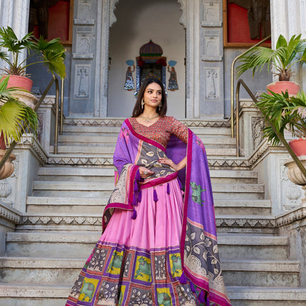 Lorenvalley Peach Tussar Silk Kalamkari With Foil Work Lehenga Choli with Dupatta