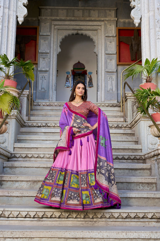Lorenvalley Peach Tussar Silk Kalamkari With Foil Work Lehenga Choli with Dupatta
