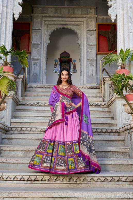 Lorenvalley Peach Tussar Silk Kalamkari With Foil Work Lehenga Choli with Dupatta