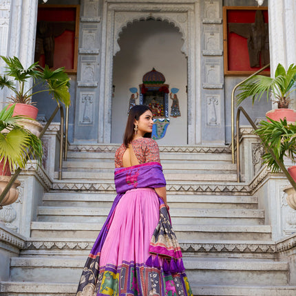 Lorenvalley Peach Tussar Silk Kalamkari With Foil Work Lehenga Choli with Dupatta