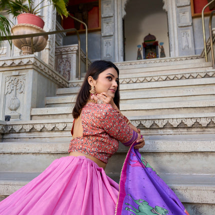 Lorenvalley Peach Tussar Silk Kalamkari With Foil Work Lehenga Choli with Dupatta