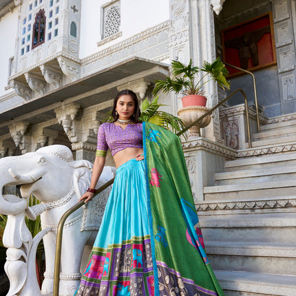 Lorenvalley Seagreen Tussar Silk Kalamkari With Foil Work Lehenga Choli with Dupatta