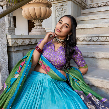 Lorenvalley Seagreen Tussar Silk Kalamkari With Foil Work Lehenga Choli with Dupatta