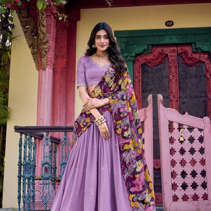 Lorenvalley Lavender Vichitra Silk Sequins and Thread Embroidery Work with Kalamkari Print Border Lehenga Choli with Dupatta