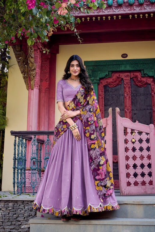 Lorenvalley Lavender Vichitra Silk Sequins and Thread Embroidery Work with Kalamkari Print Border Lehenga Choli with Dupatta