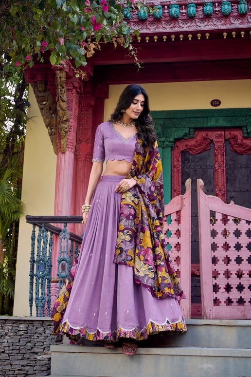 Lorenvalley Lavender Vichitra Silk Sequins and Thread Embroidery Work with Kalamkari Print Border Lehenga Choli with Dupatta