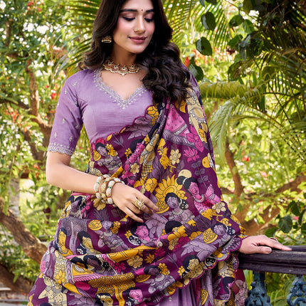 Lorenvalley Lavender Vichitra Silk Sequins and Thread Embroidery Work with Kalamkari Print Border Lehenga Choli with Dupatta