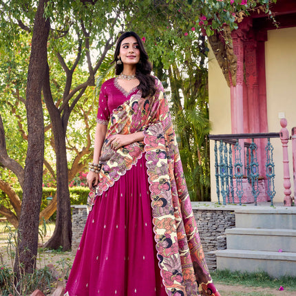 Lorenvalley Pink Vichitra Silk Sequins and Thread Embroidery Work with Kalamkari Print Border Lehenga Choli with Dupatta