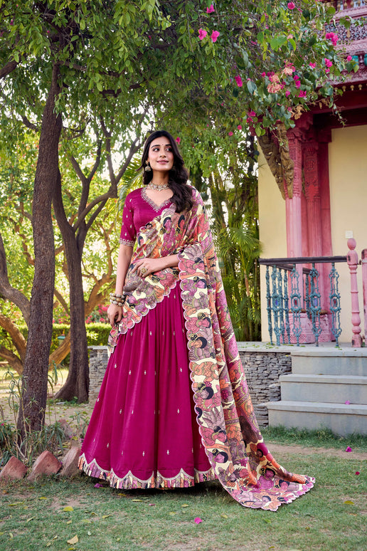 Lorenvalley Pink Vichitra Silk Sequins and Thread Embroidery Work with Kalamkari Print Border Lehenga Choli with Dupatta