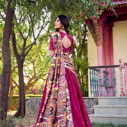 Lorenvalley Pink Vichitra Silk Sequins and Thread Embroidery Work with Kalamkari Print Border Lehenga Choli with Dupatta