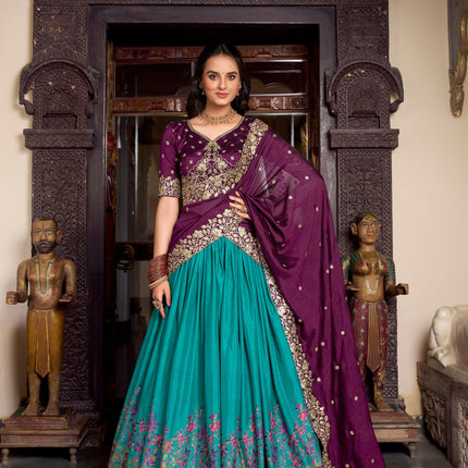 Lorenvalley Firozi Tussar Silk Printed With Foil Work Lehenga Choli with Dupatta