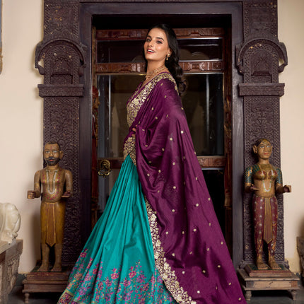 Lorenvalley Firozi Tussar Silk Printed With Foil Work Lehenga Choli with Dupatta