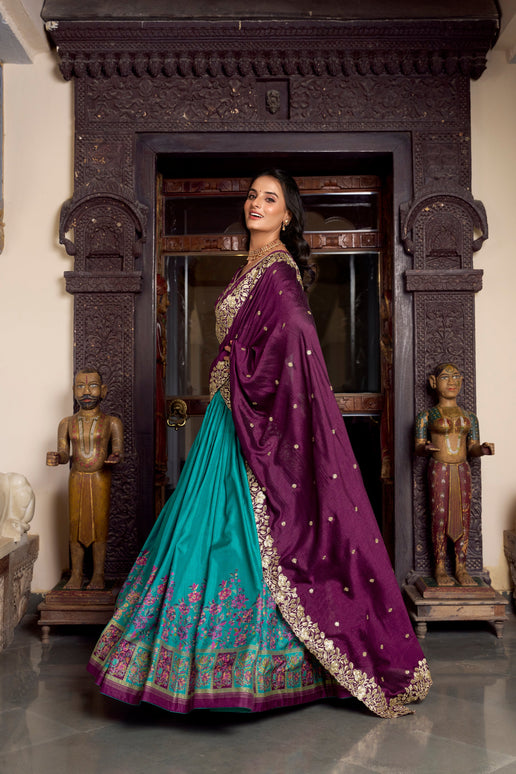 Lorenvalley Firozi Tussar Silk Printed With Foil Work Lehenga Choli with Dupatta